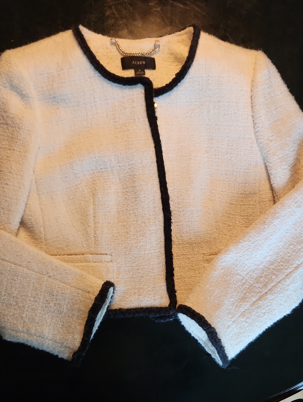 J. Crew Cream Tweed Cropped Jacket with Black Trim